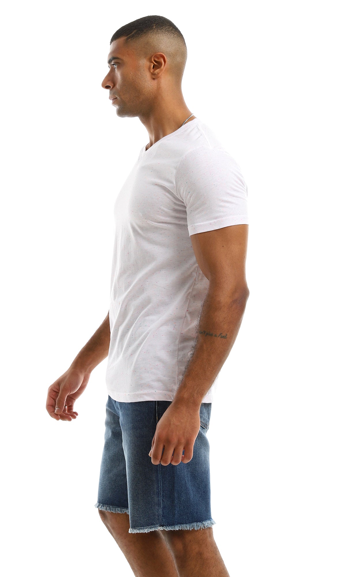 97924 White V-Neck T-Shirt With Neon Colorful Stitches