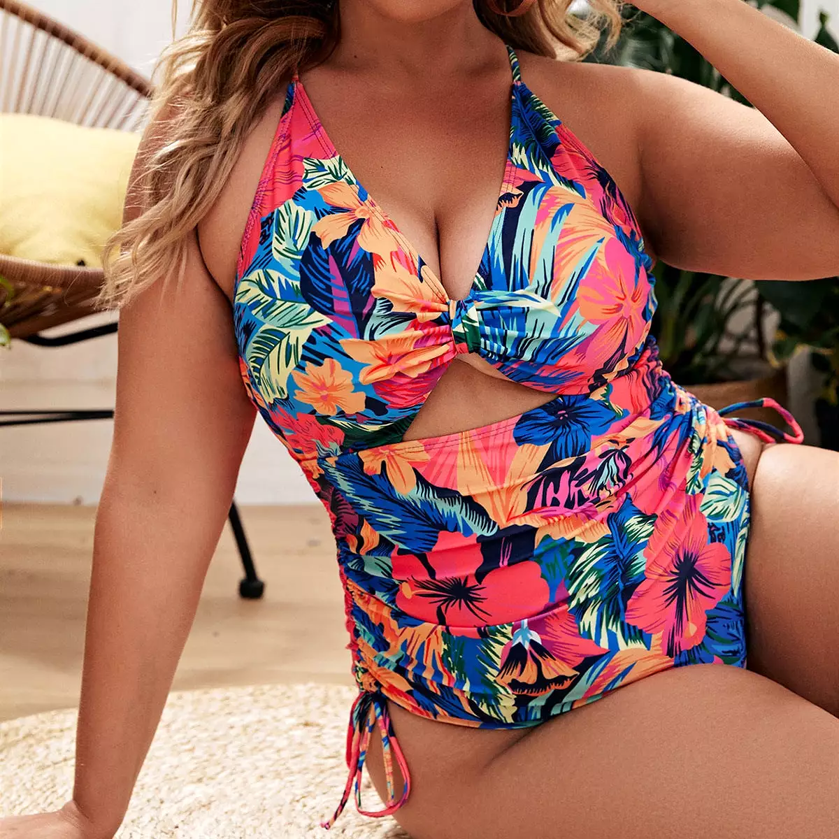 Adult large size new printed one-piece sexy strappy swimsuit