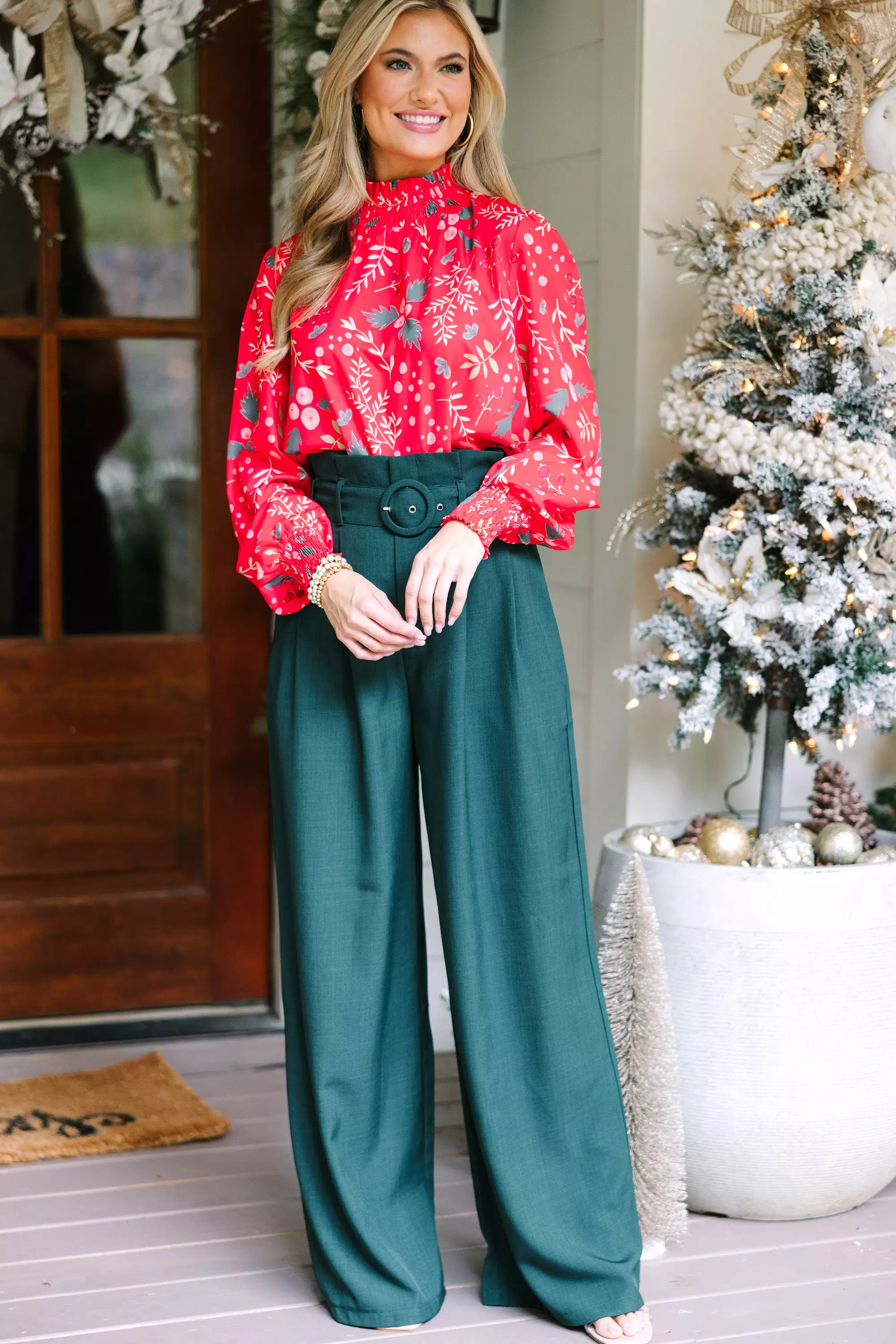 All I Need Red Holiday Floral Blouse