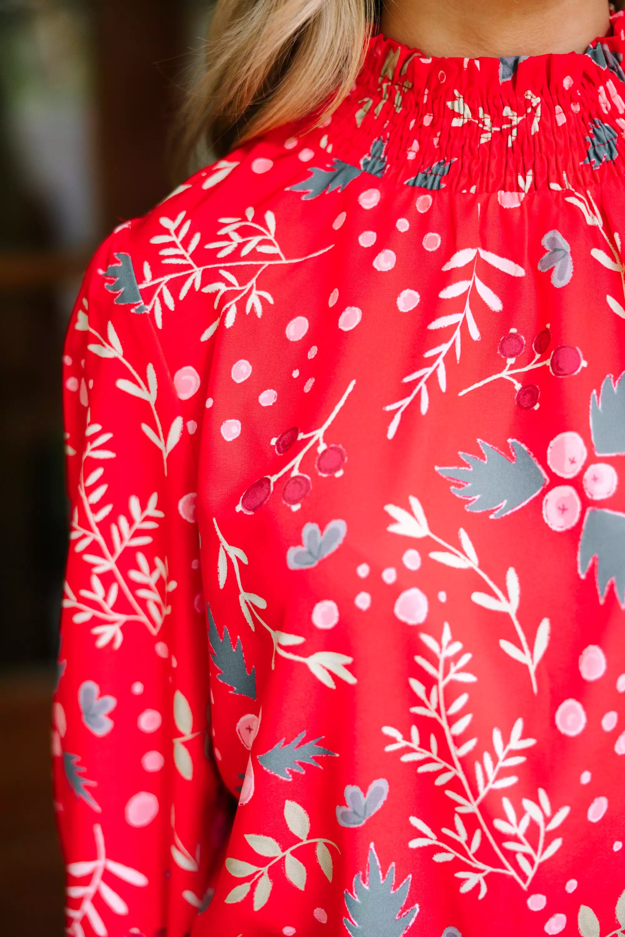 All I Need Red Holiday Floral Blouse