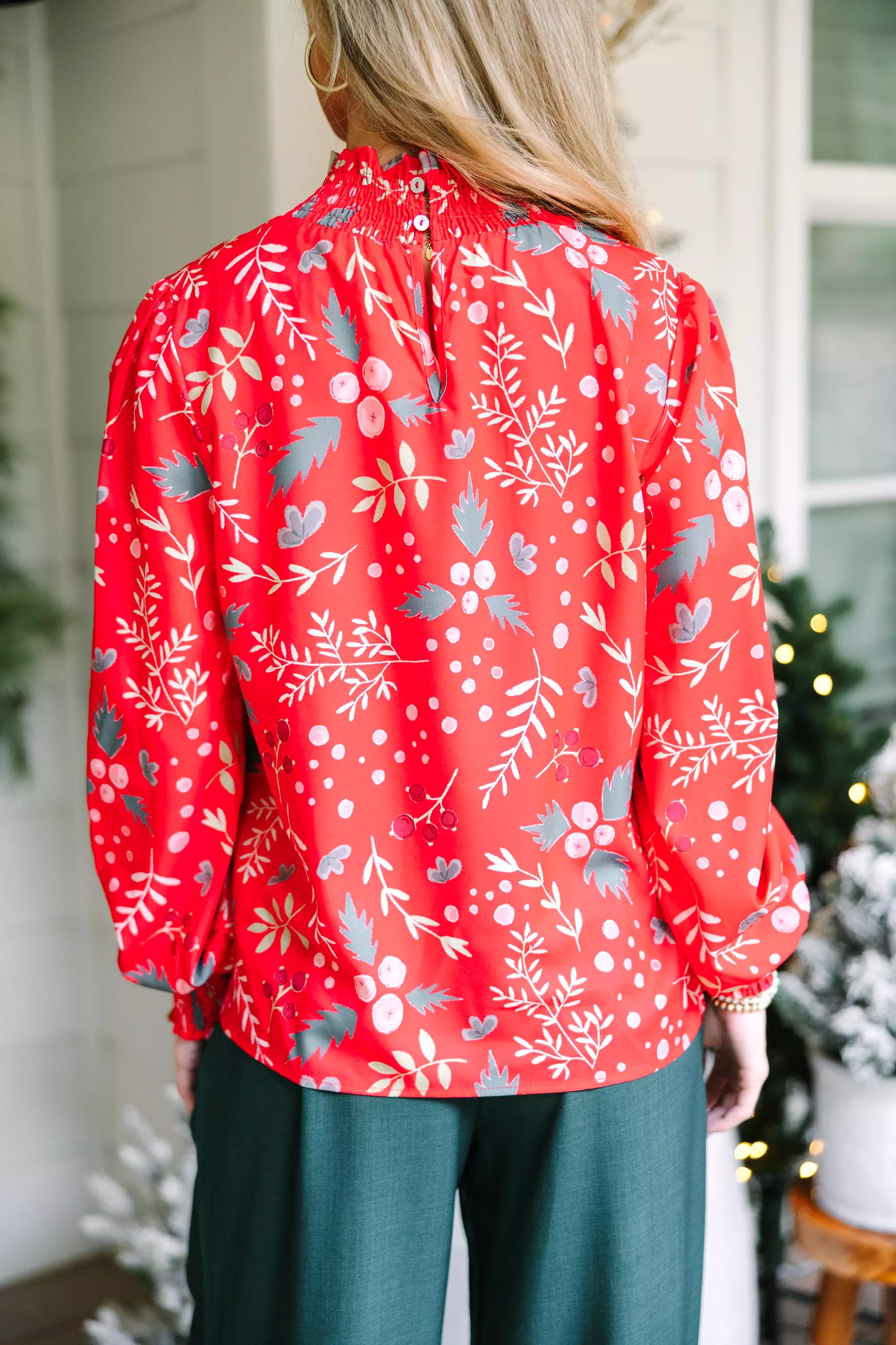 All I Need Red Holiday Floral Blouse