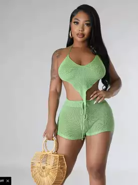 Asymmetric Knit Short Sets-Green