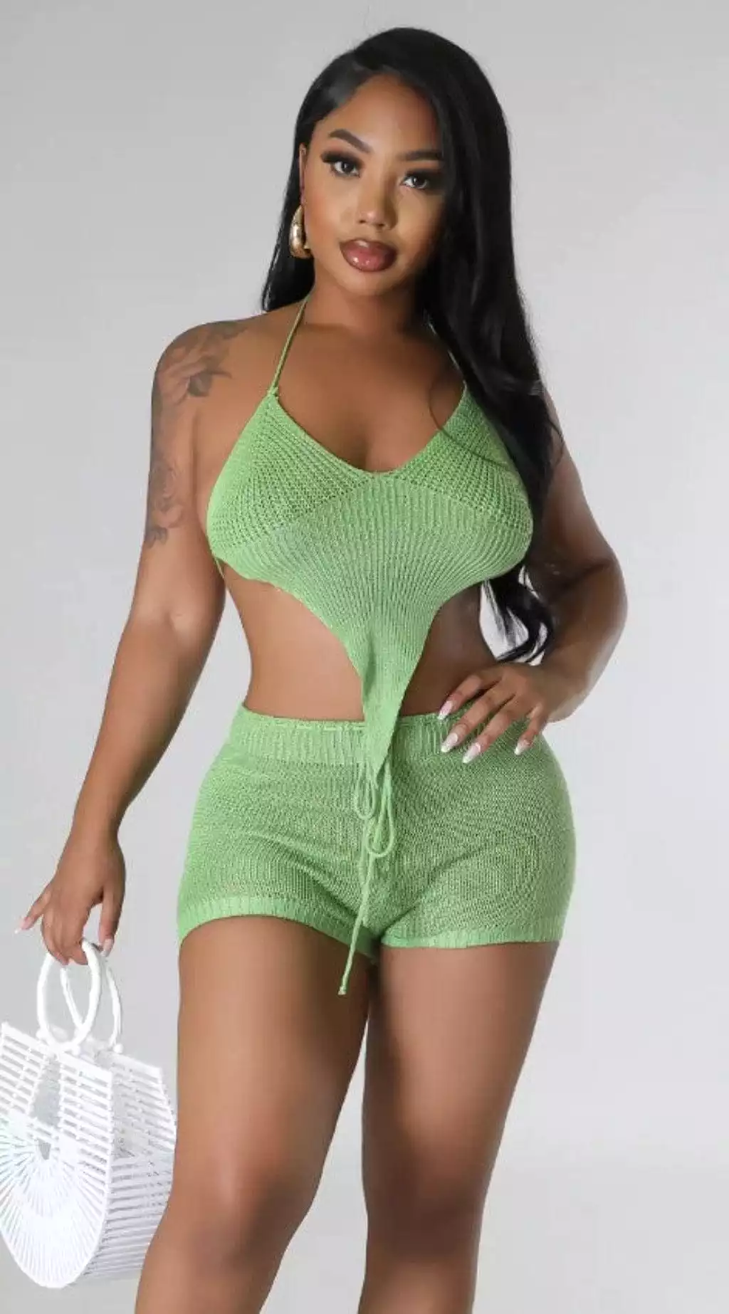 Asymmetric Knit Short Sets-Green