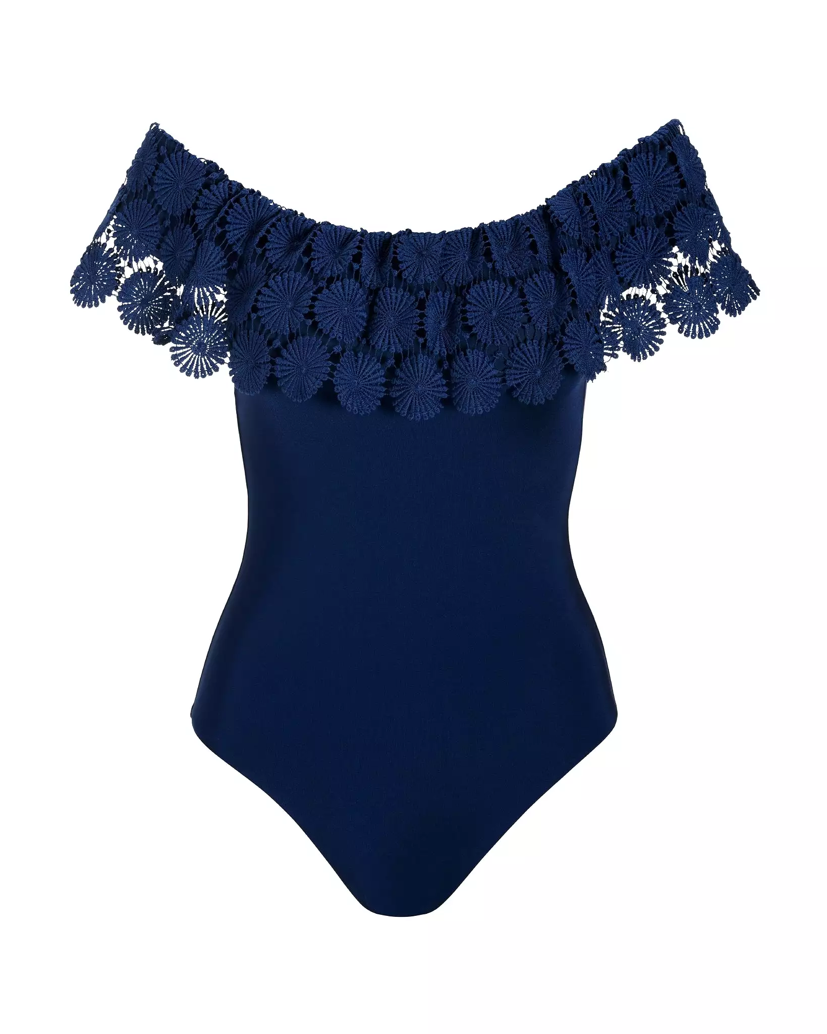 Bardot Crochet Off-The-Shoulder One-Piece Swimsuit Navy