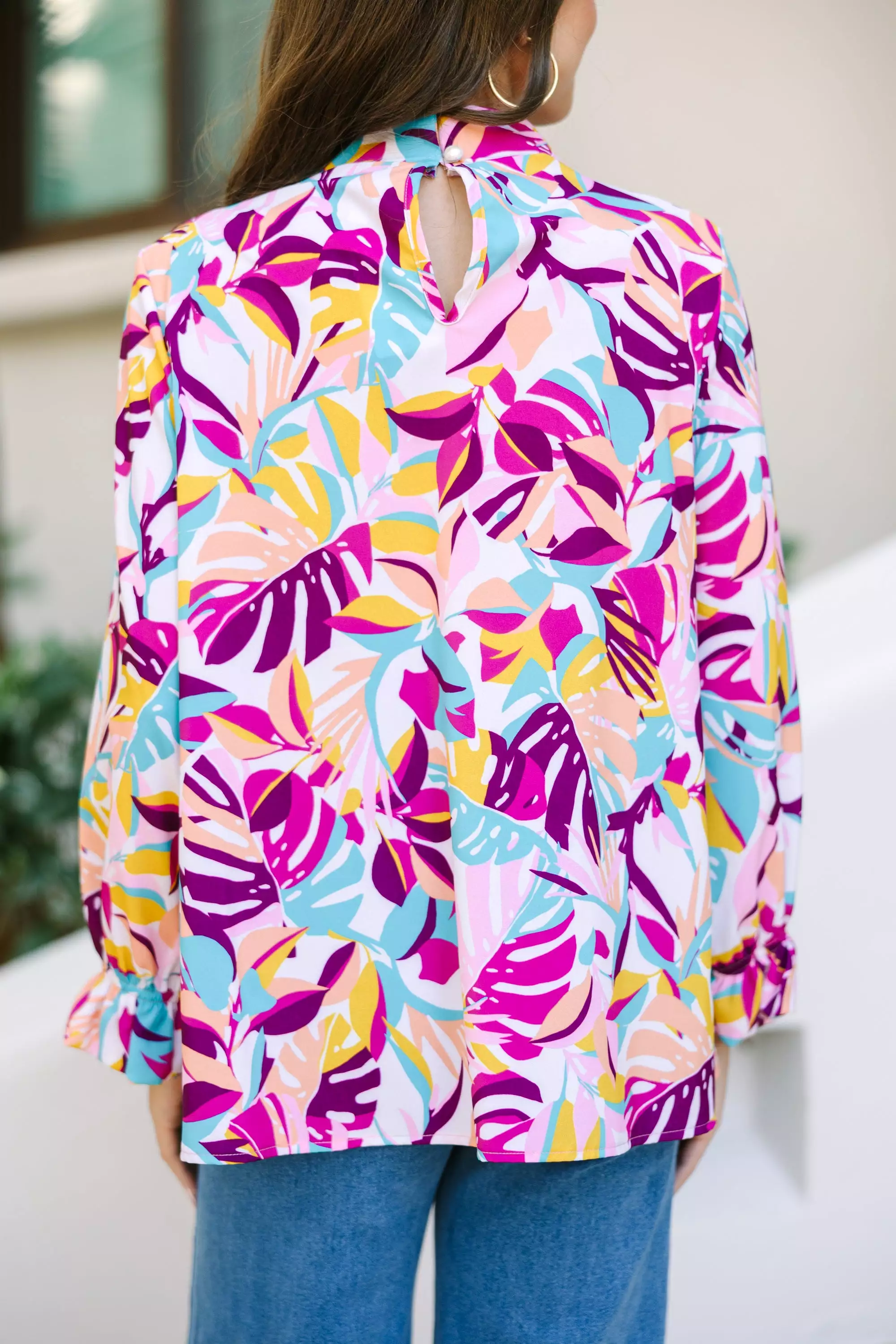 Be True To You Fuchsia Pink Tropical Floral Blouse