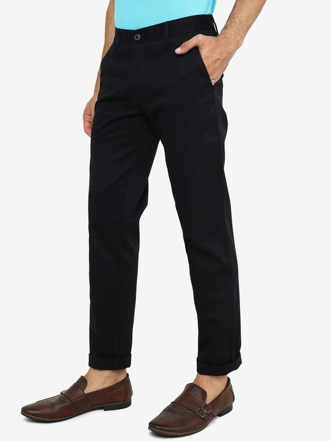 Black Solid Uno Fit Casual Trouser | JadeBlue