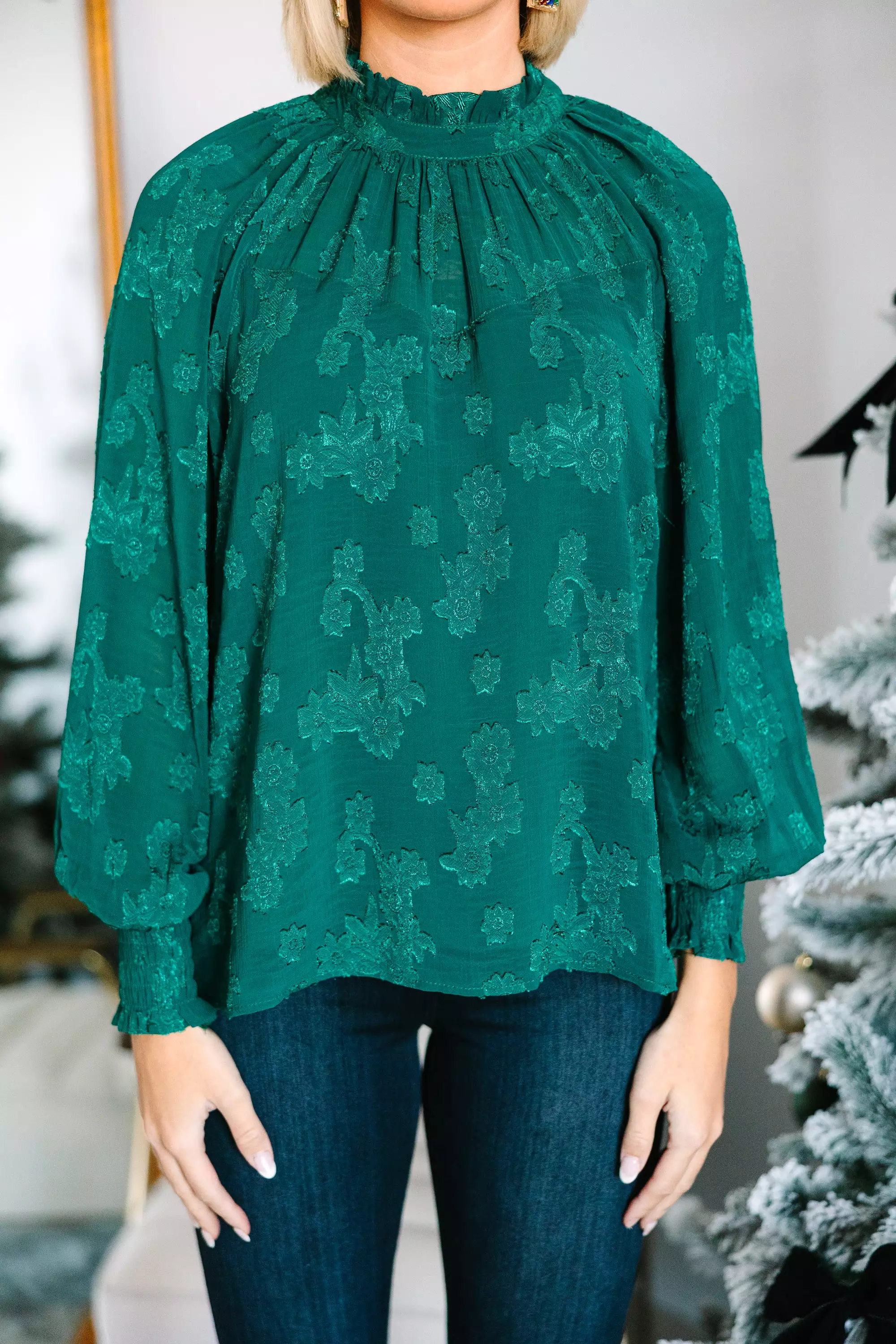 Check The List Hunter Green Textured Floral Blouse