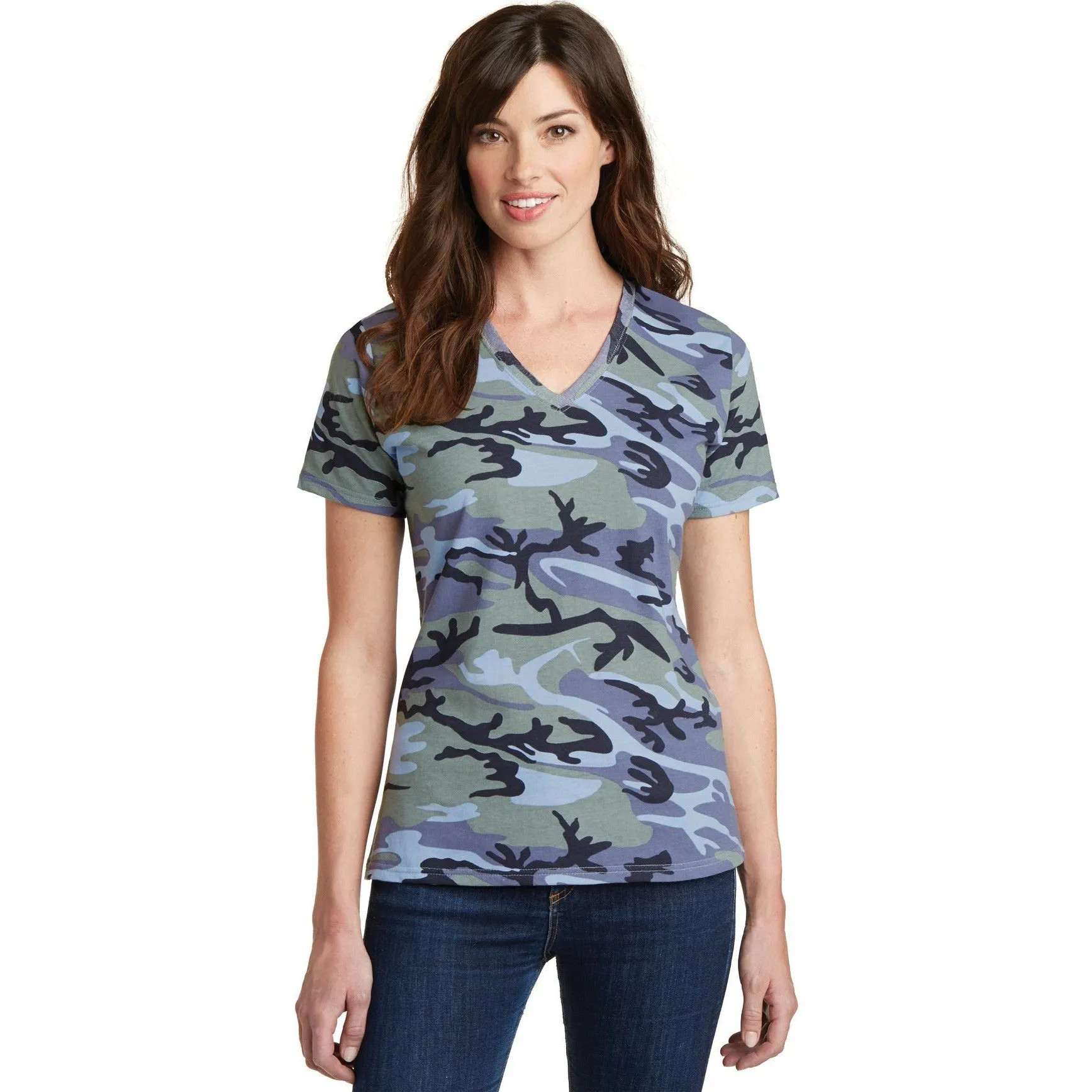 CLOSEOUT - Port & Company Ladies Core Cotton Camo V-Neck Tee