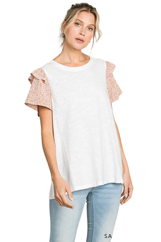 COTTON BLEU SLUB KNIT TEE WITH FLORAL SLEEVES