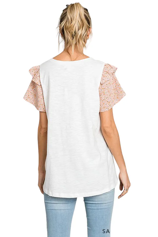 COTTON BLEU SLUB KNIT TEE WITH FLORAL SLEEVES