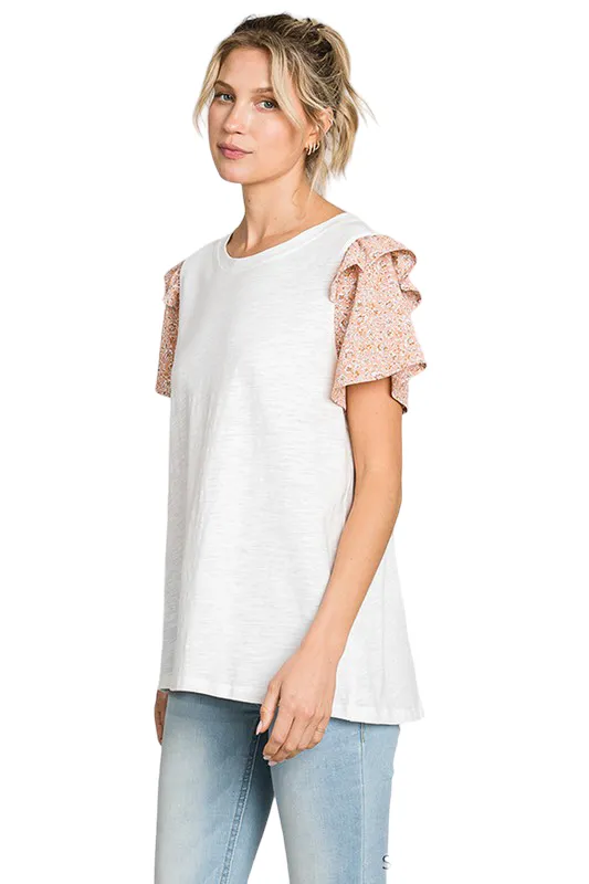 COTTON BLEU SLUB KNIT TEE WITH FLORAL SLEEVES