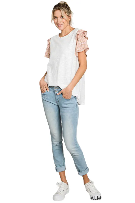 COTTON BLEU SLUB KNIT TEE WITH FLORAL SLEEVES