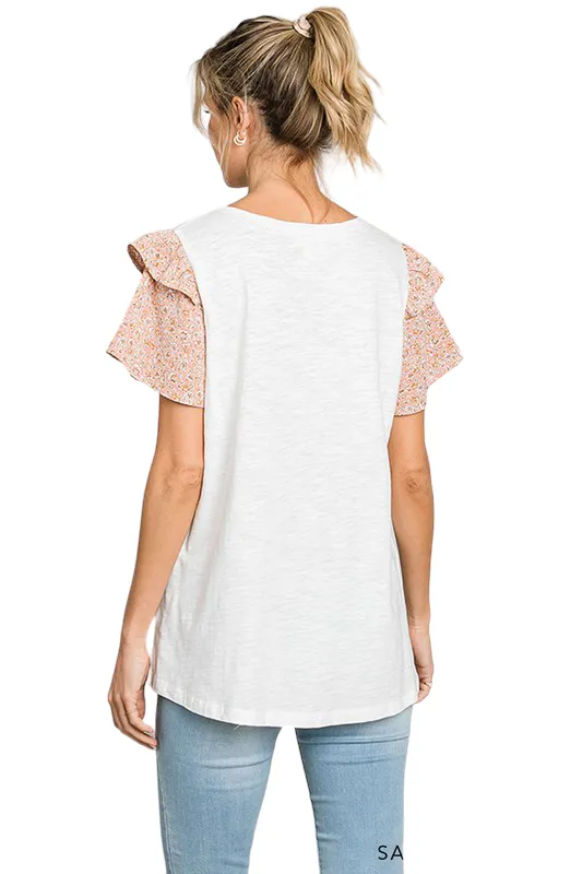 COTTON BLEU SLUB KNIT TEE WITH FLORAL SLEEVES