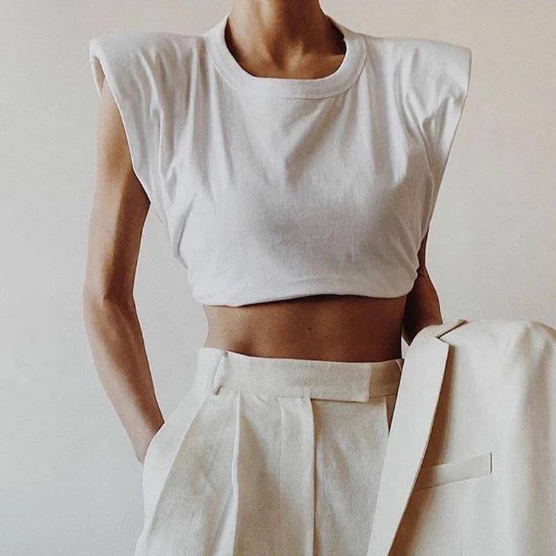 Cotton Shoulder Pads Crop Tee