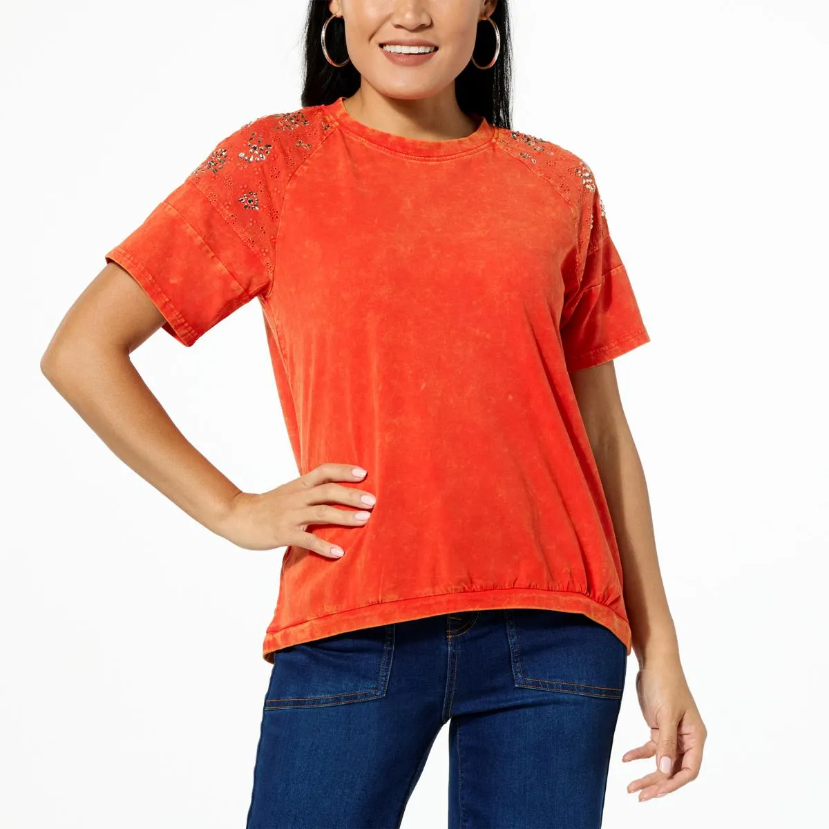      DG2 by Diane Gilman Cotton Jersey Knit Embellished Eyelet Combo Tee     