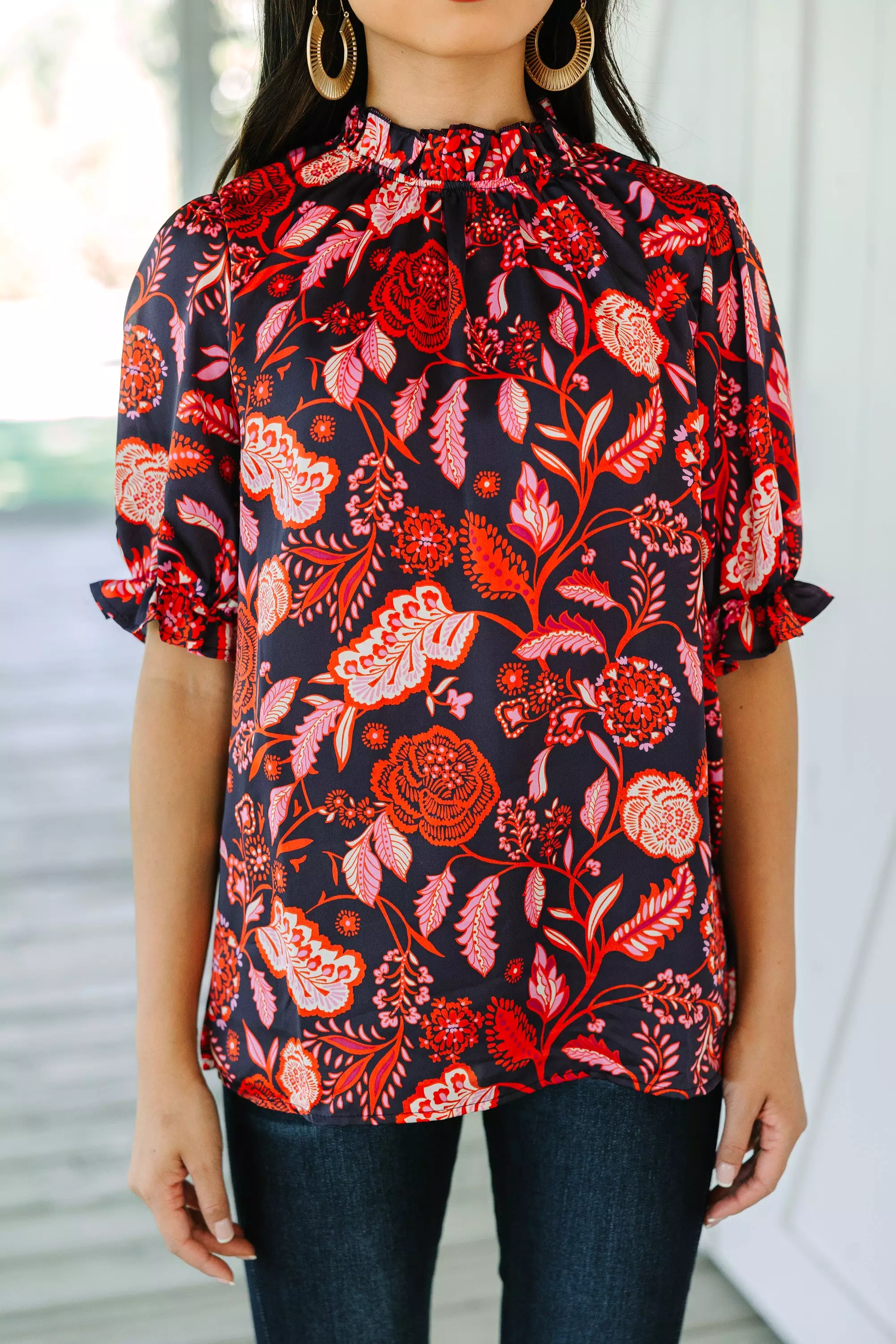 Feelings Of Love Navy Blue Floral Blouse