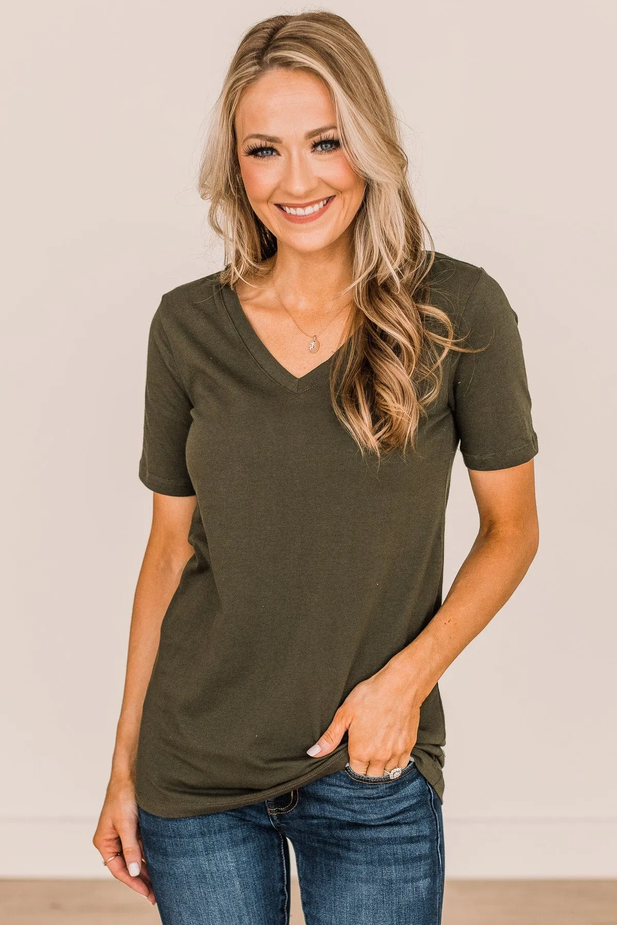 From The Moment We Met V-Neck Tee- Dark Olive