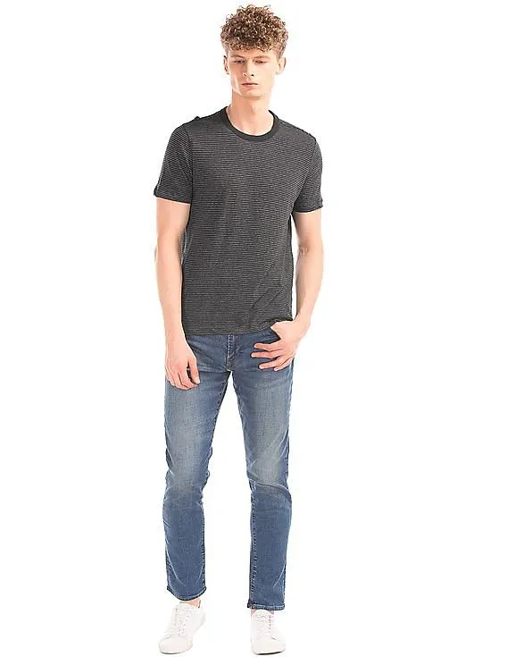 GAP Men Black Linen Cotton Stripe Crew Neck Tee