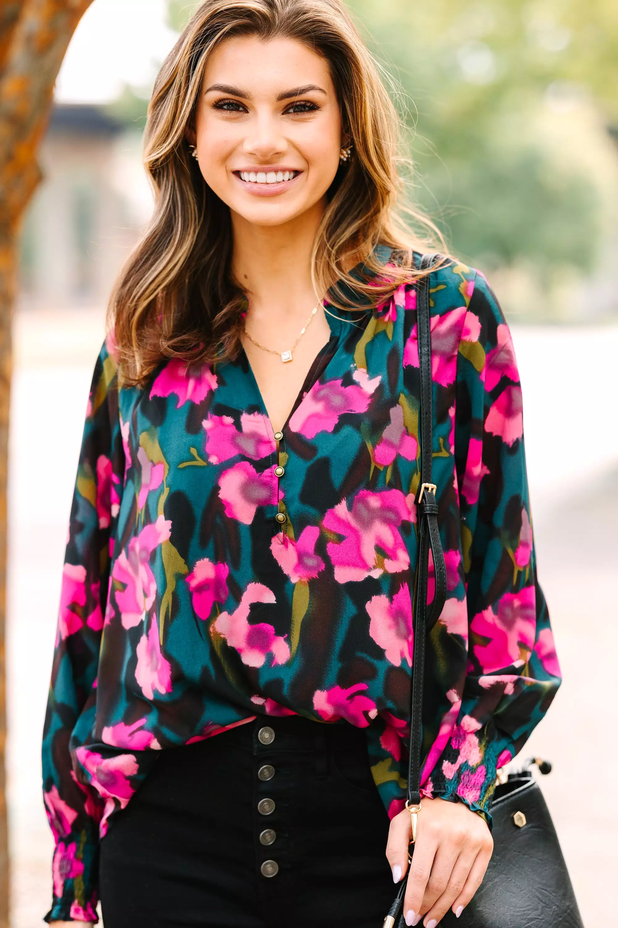 Get What You Need Hunter Green Floral Blouse