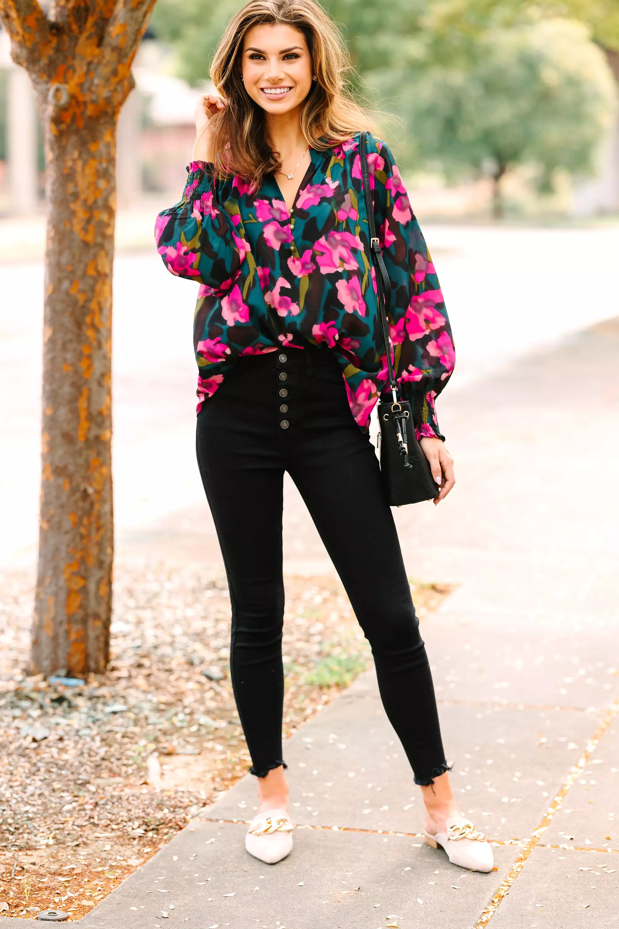 Get What You Need Hunter Green Floral Blouse