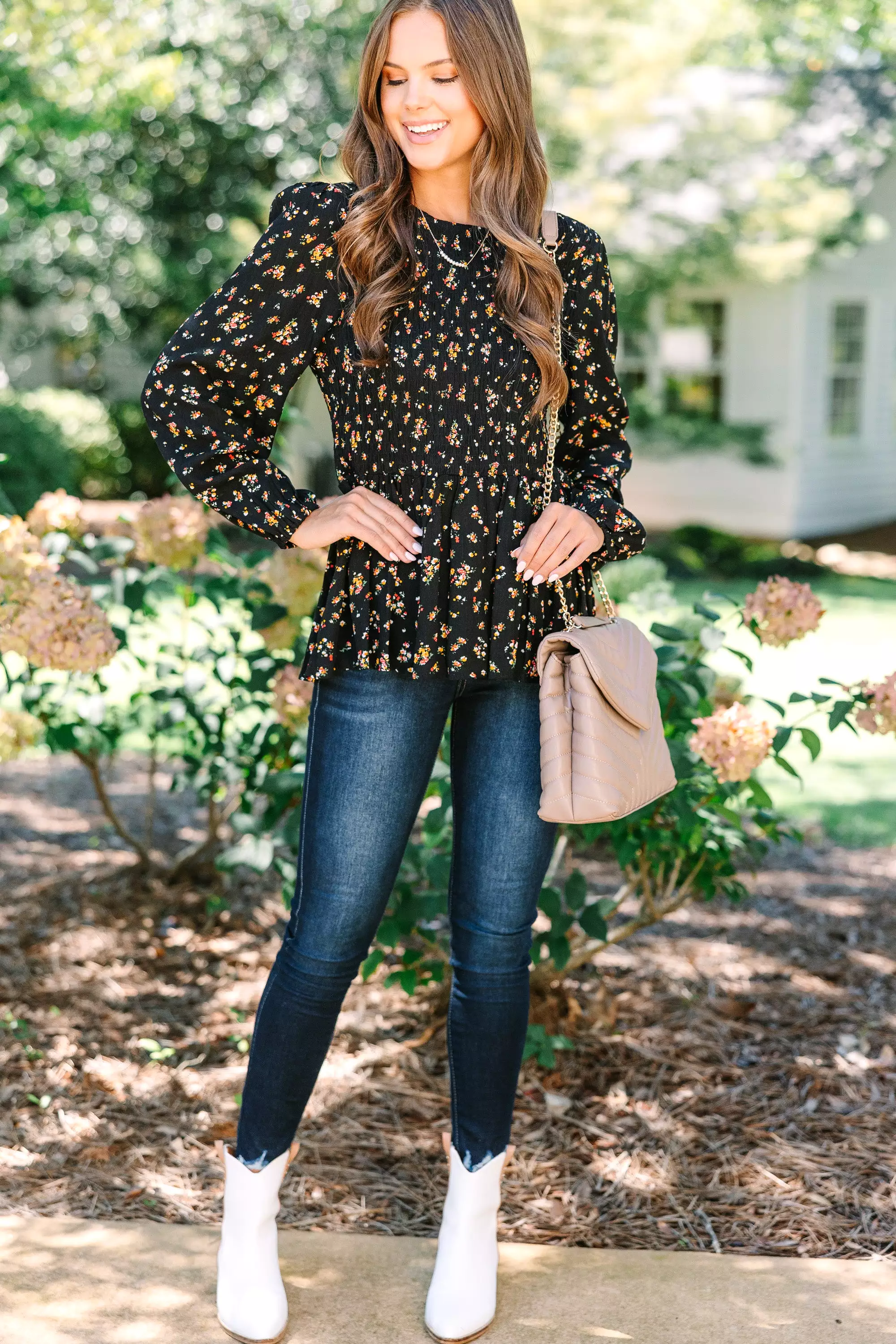 Getting Close Black Ditsy Floral Blouse