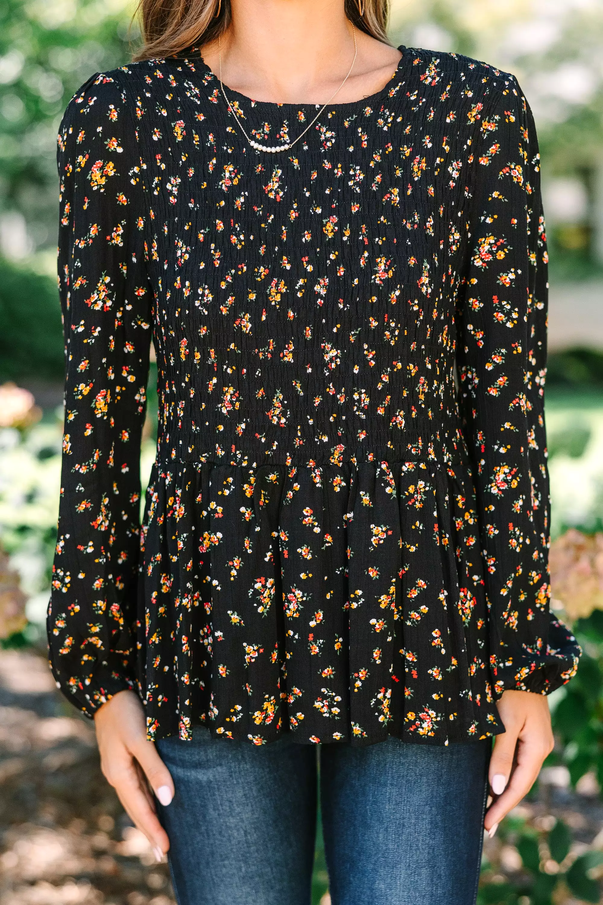 Getting Close Black Ditsy Floral Blouse