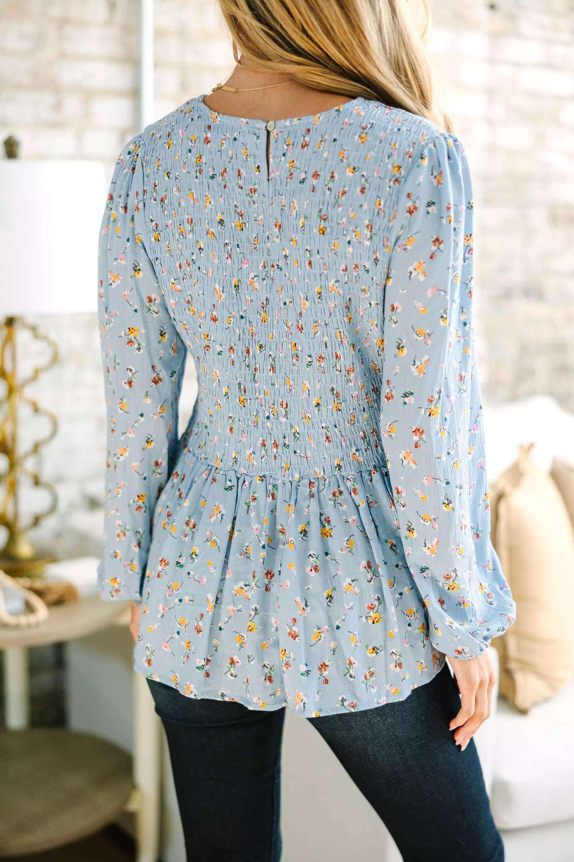 Getting Close Light Blue Ditsy Floral Blouse