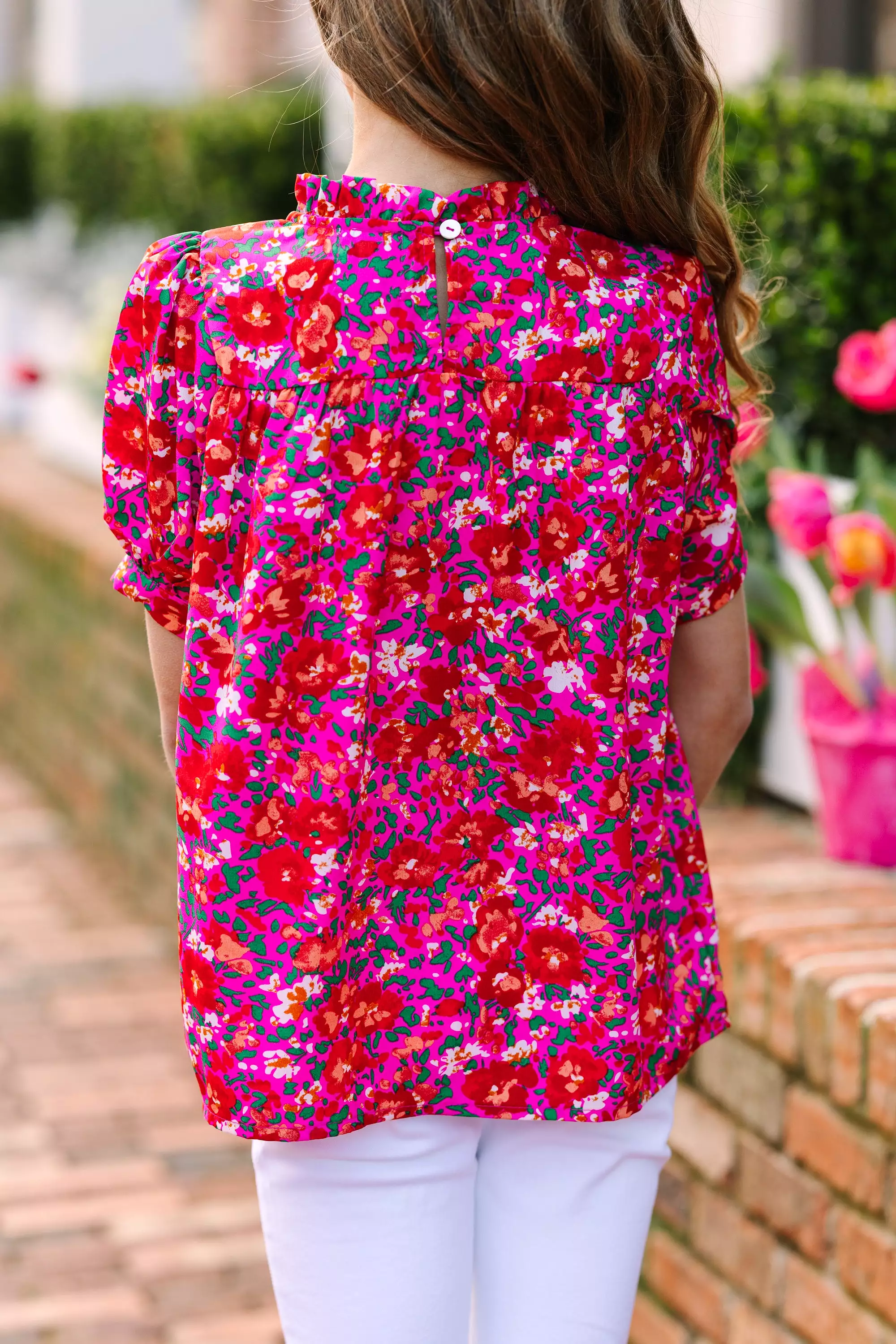 Girls: Make A Choice Fuchsia Pink Ditsy Floral Blouse