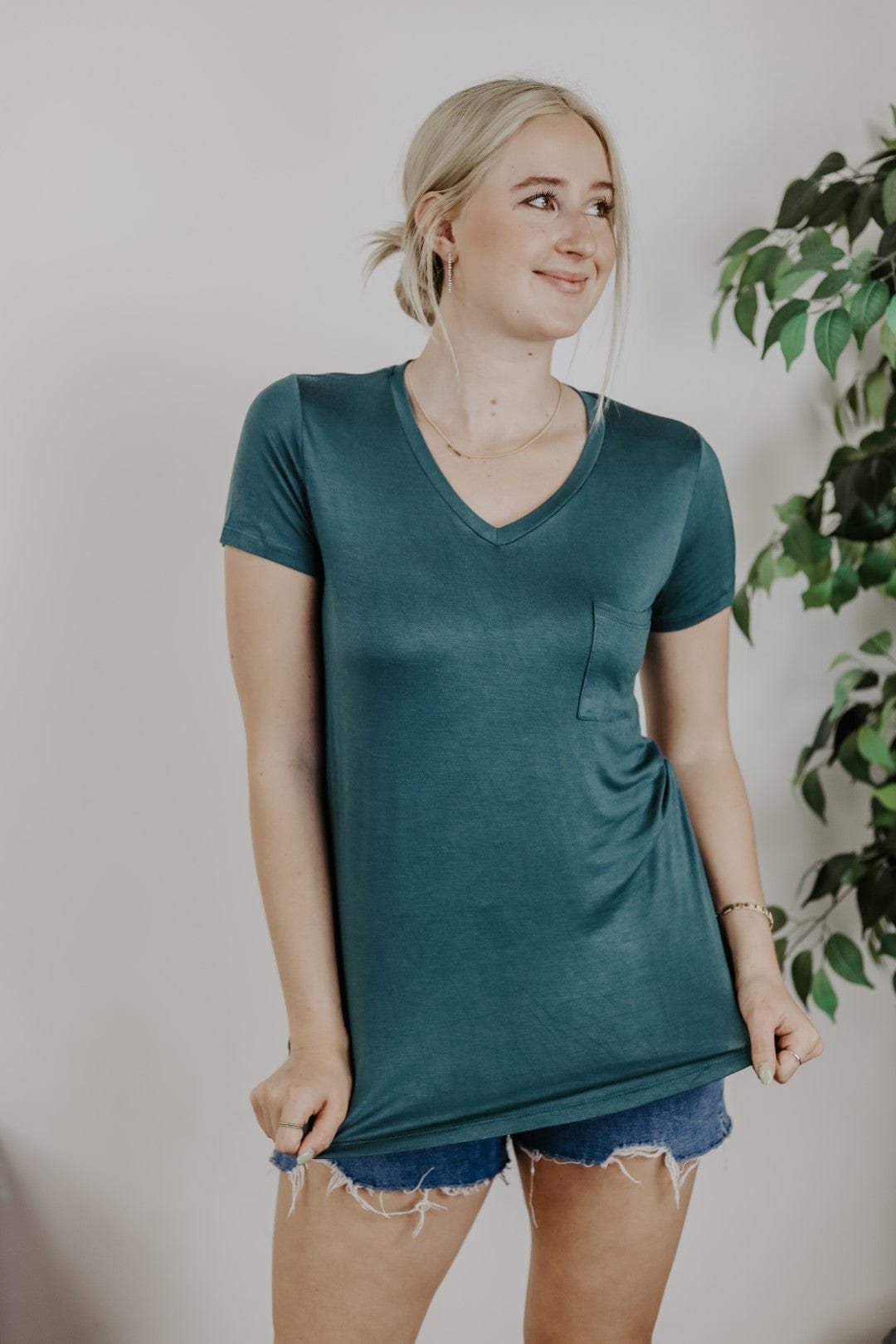 Green Basic V-Neck Pocket Tee