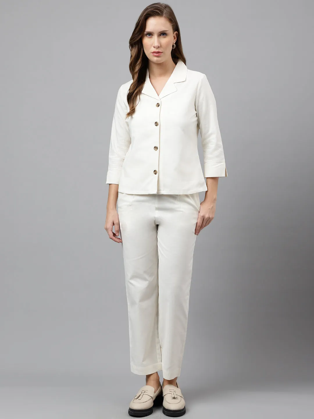 Hancock Women Pure Cotton Solid  Cuban Collar Shirt & Elasticated Trouser Co-ords Set