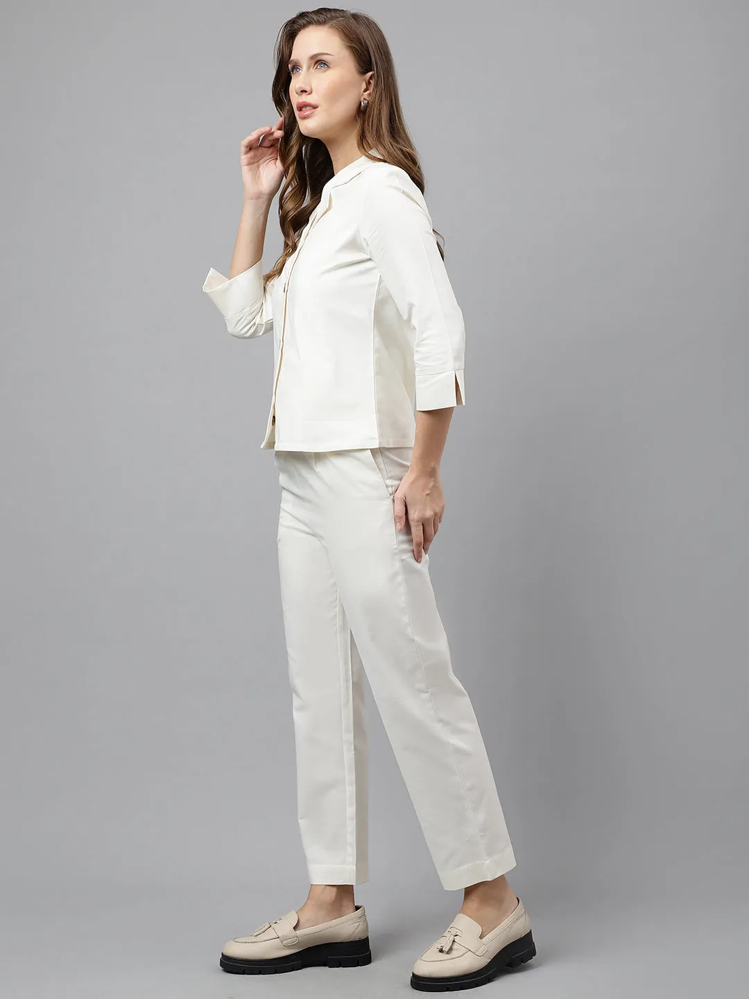 Hancock Women Pure Cotton Solid  Cuban Collar Shirt & Elasticated Trouser Co-ords Set