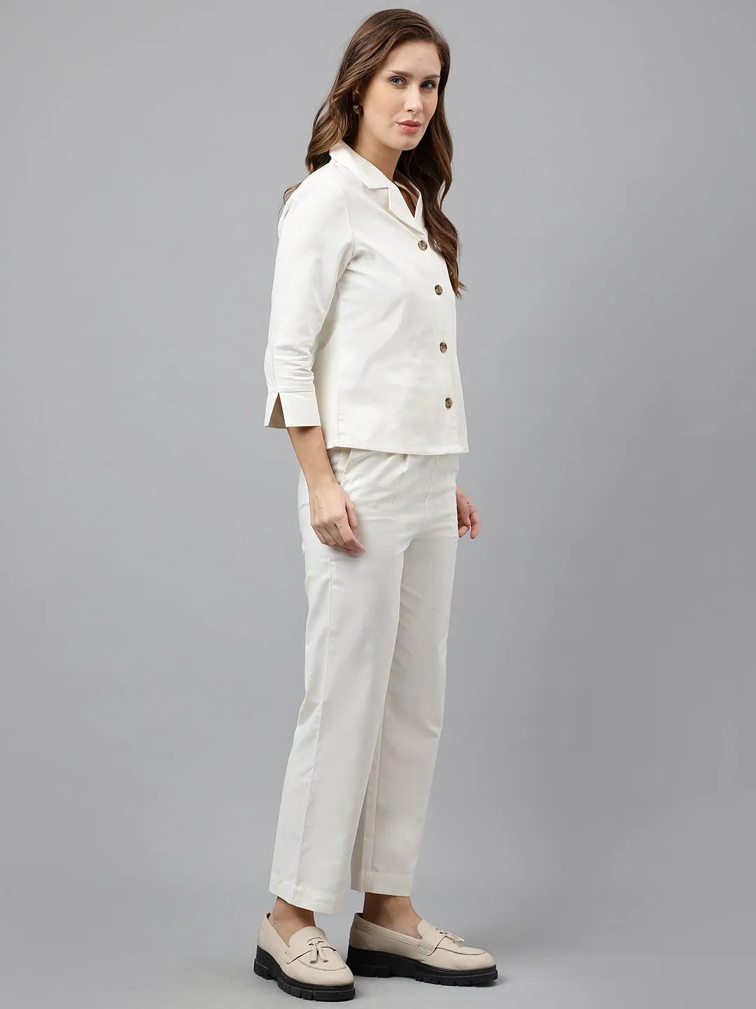 Hancock Women Pure Cotton Solid  Cuban Collar Shirt & Elasticated Trouser Co-ords Set