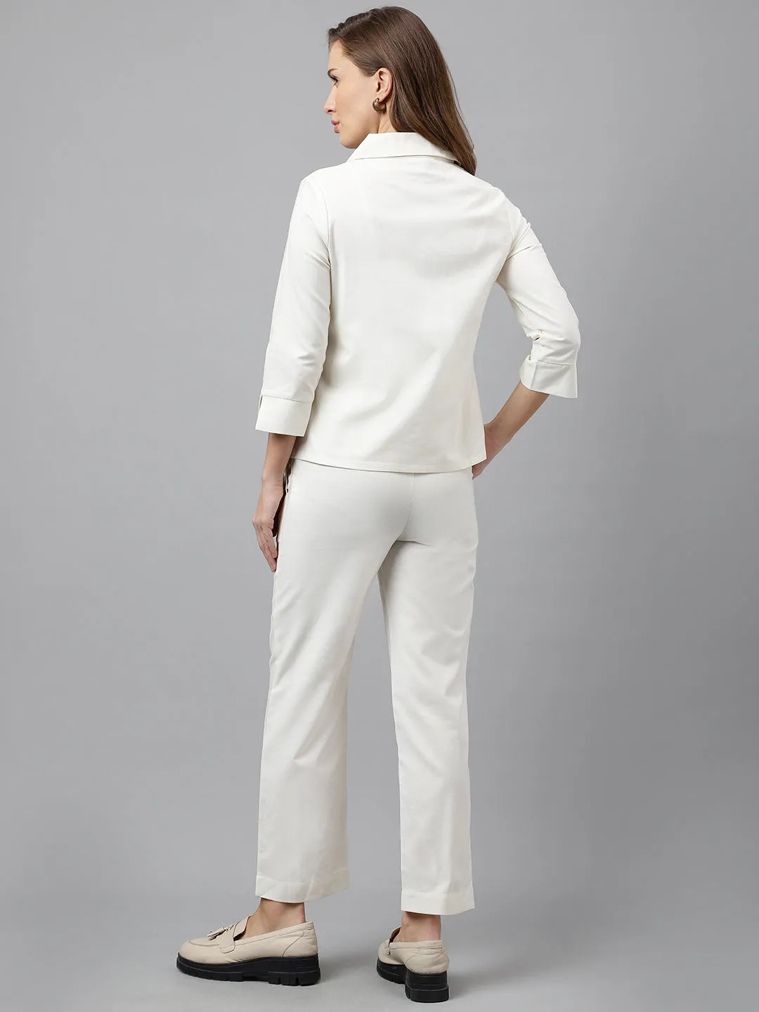 Hancock Women Pure Cotton Solid  Cuban Collar Shirt & Elasticated Trouser Co-ords Set