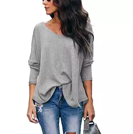 HauteEdition Slouchy Waffle Knit V-Neck Long Sleeve Tee