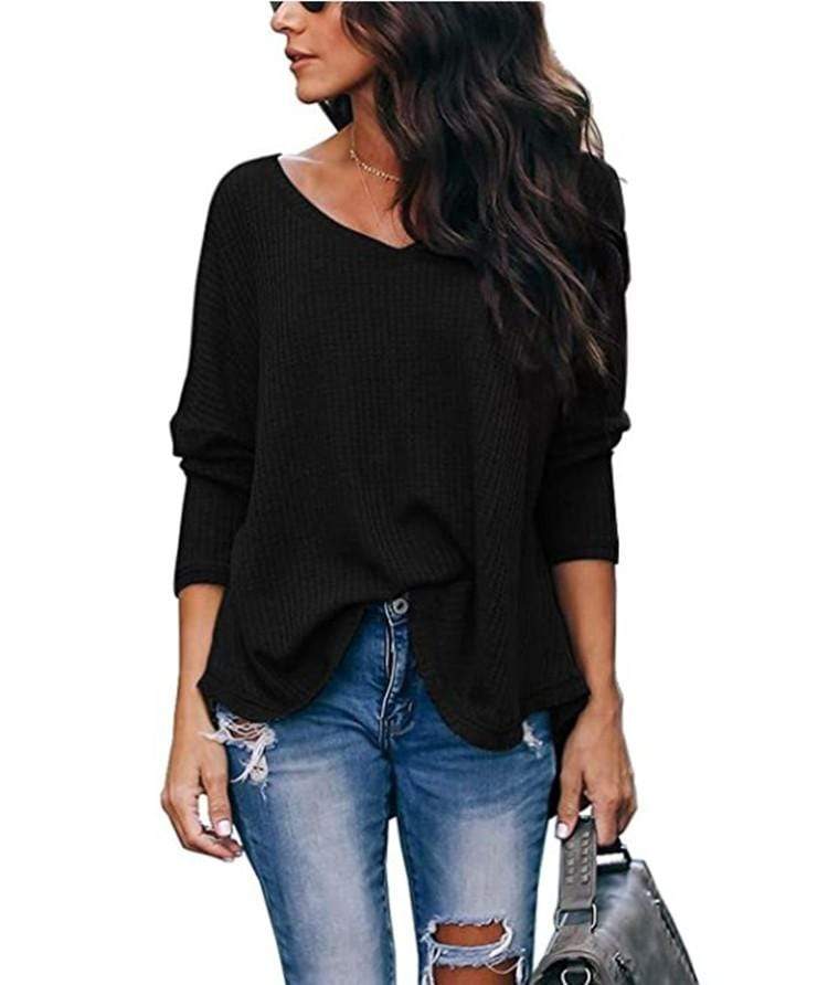 HauteEdition Slouchy Waffle Knit V-Neck Long Sleeve Tee