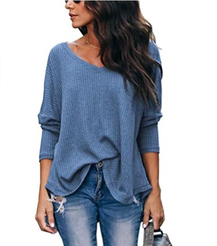 HauteEdition Slouchy Waffle Knit V-Neck Long Sleeve Tee