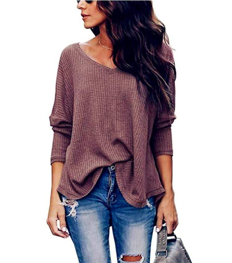 HauteEdition Slouchy Waffle Knit V-Neck Long Sleeve Tee