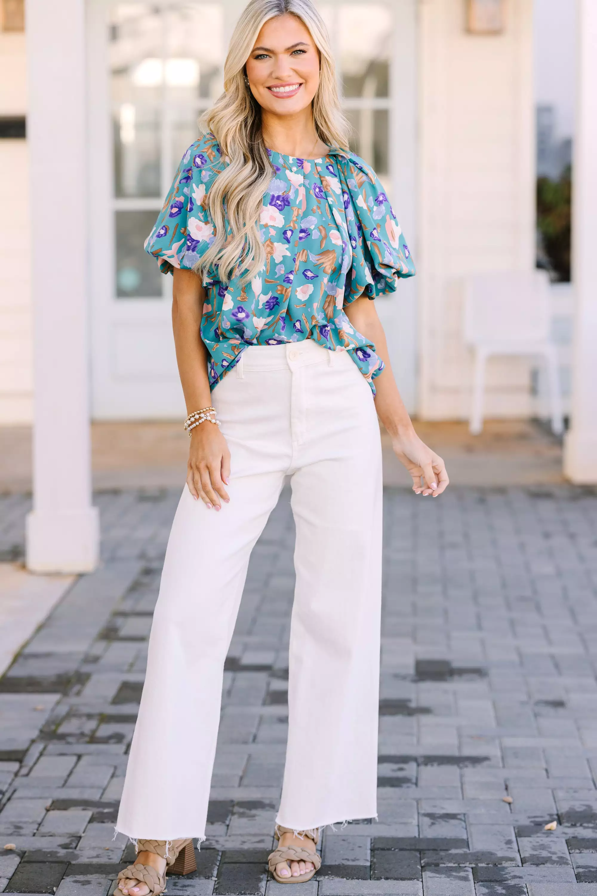 How It Feels Teal Blue Floral Blouse