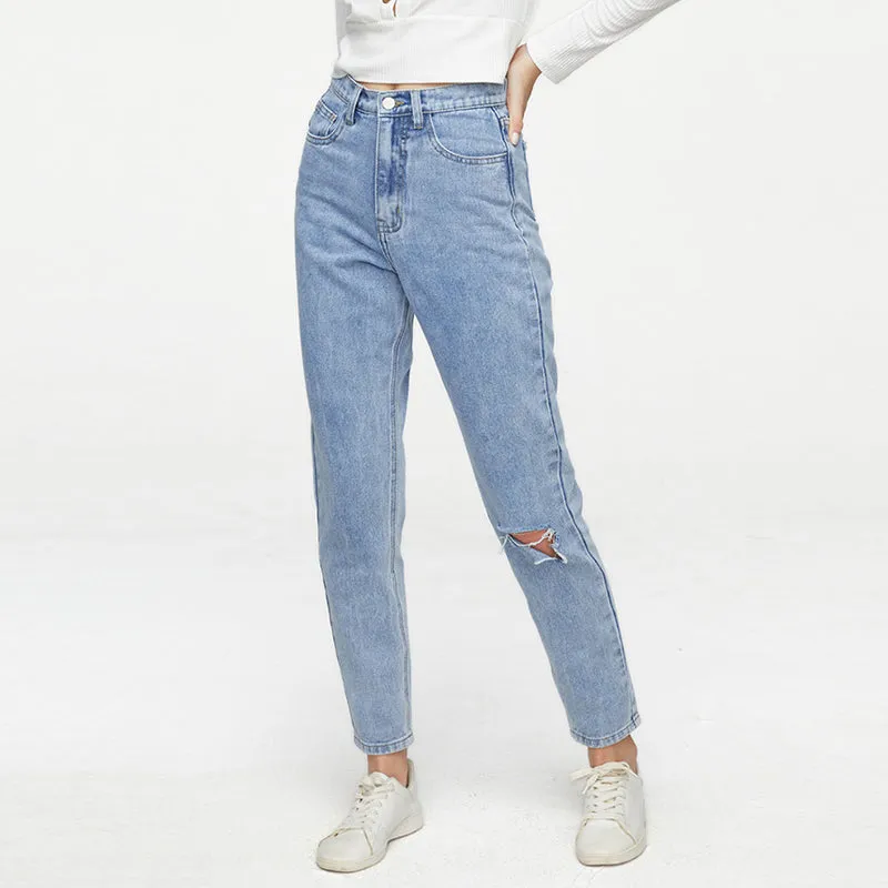 Korean Ripped Baggy Jeans Streetwear Women Casual Denim Trousers Going Out Slim High Waist Jean