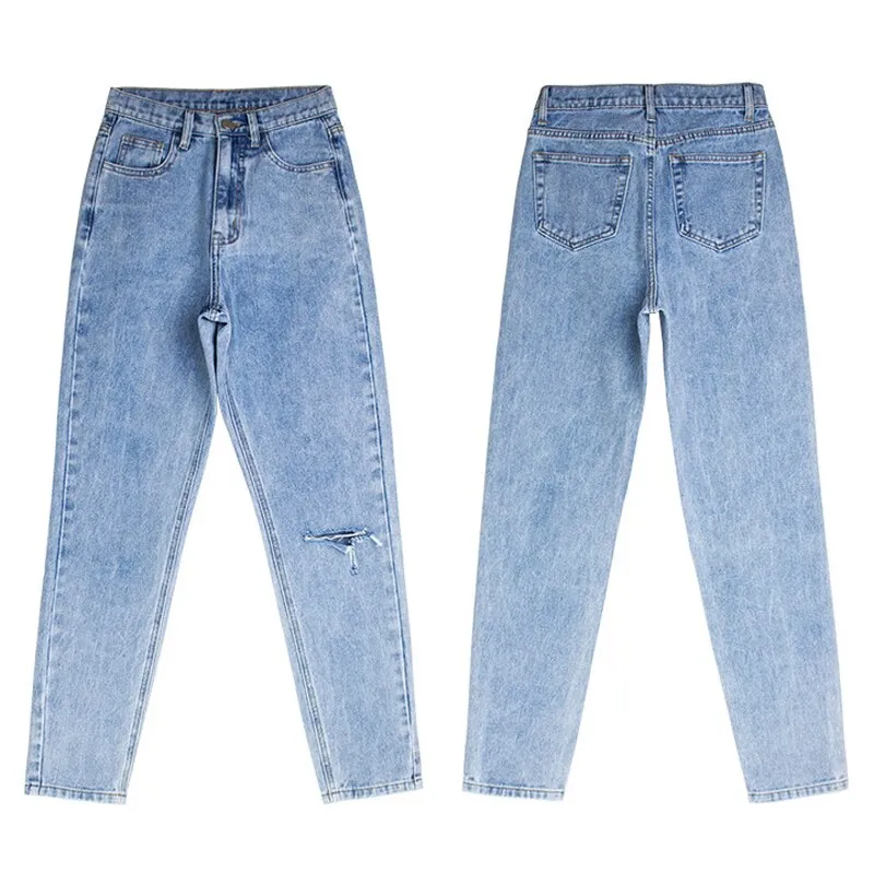 Korean Ripped Baggy Jeans Streetwear Women Casual Denim Trousers Going Out Slim High Waist Jean