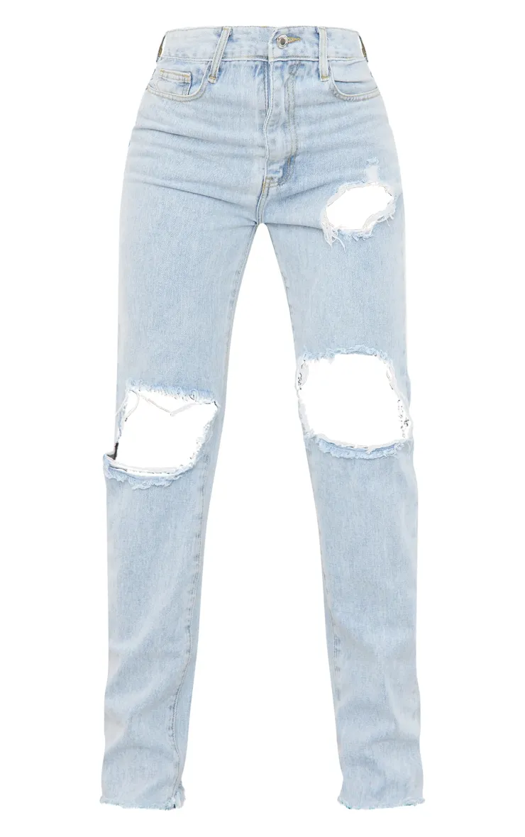 Light Blue Wash Ripped Staight Leg Jean