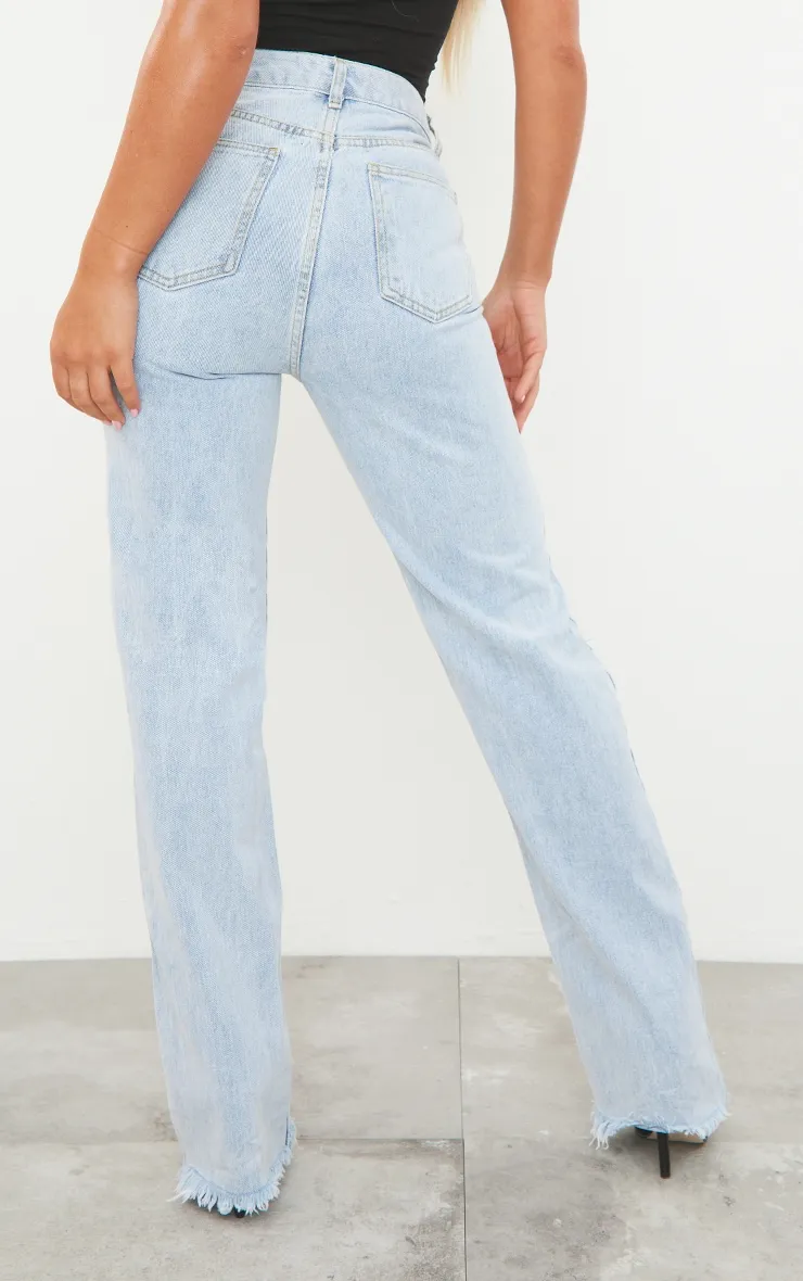 Light Blue Wash Ripped Staight Leg Jean