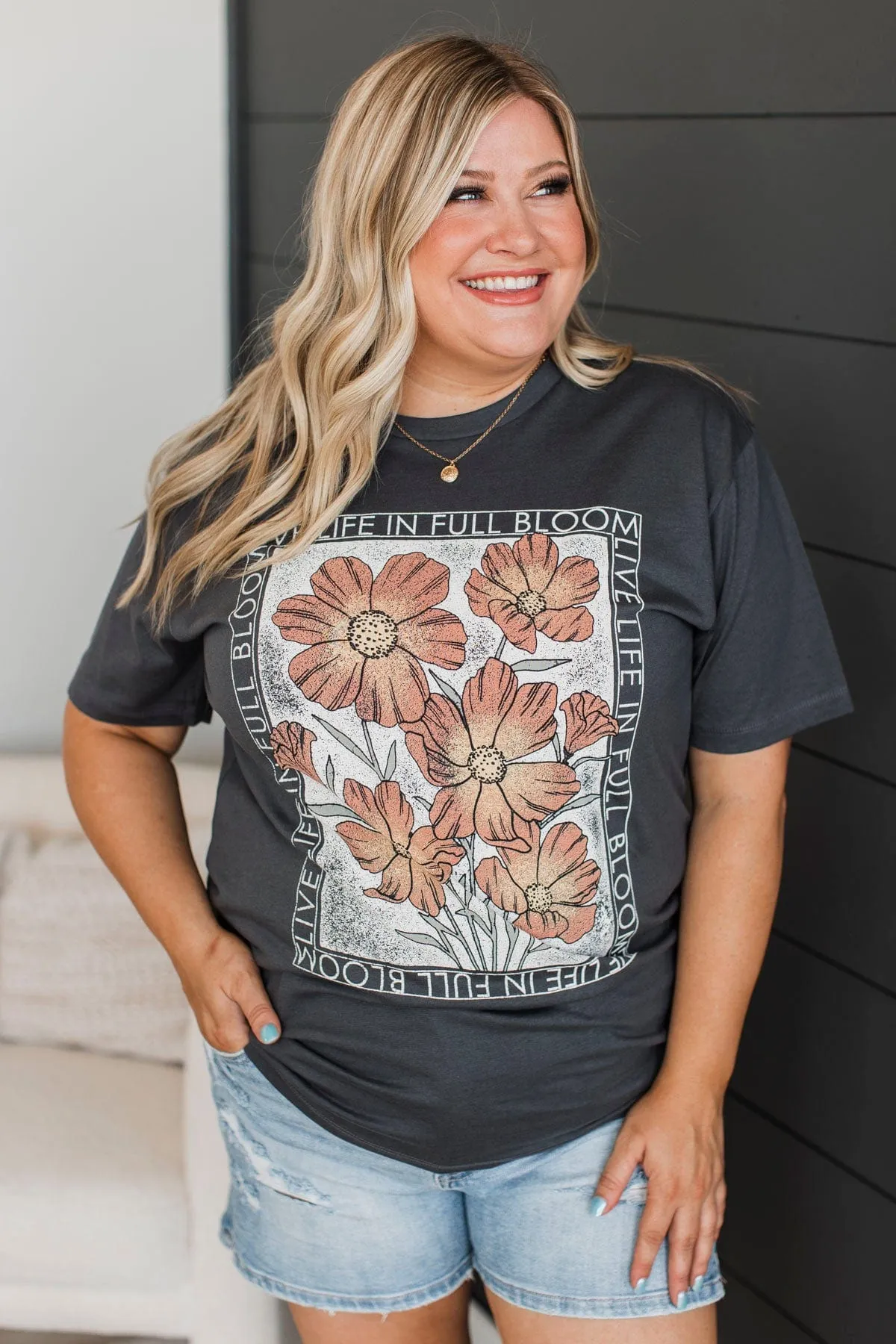 Live Life In Full Bloom Floral Graphic Tee- Charcoal