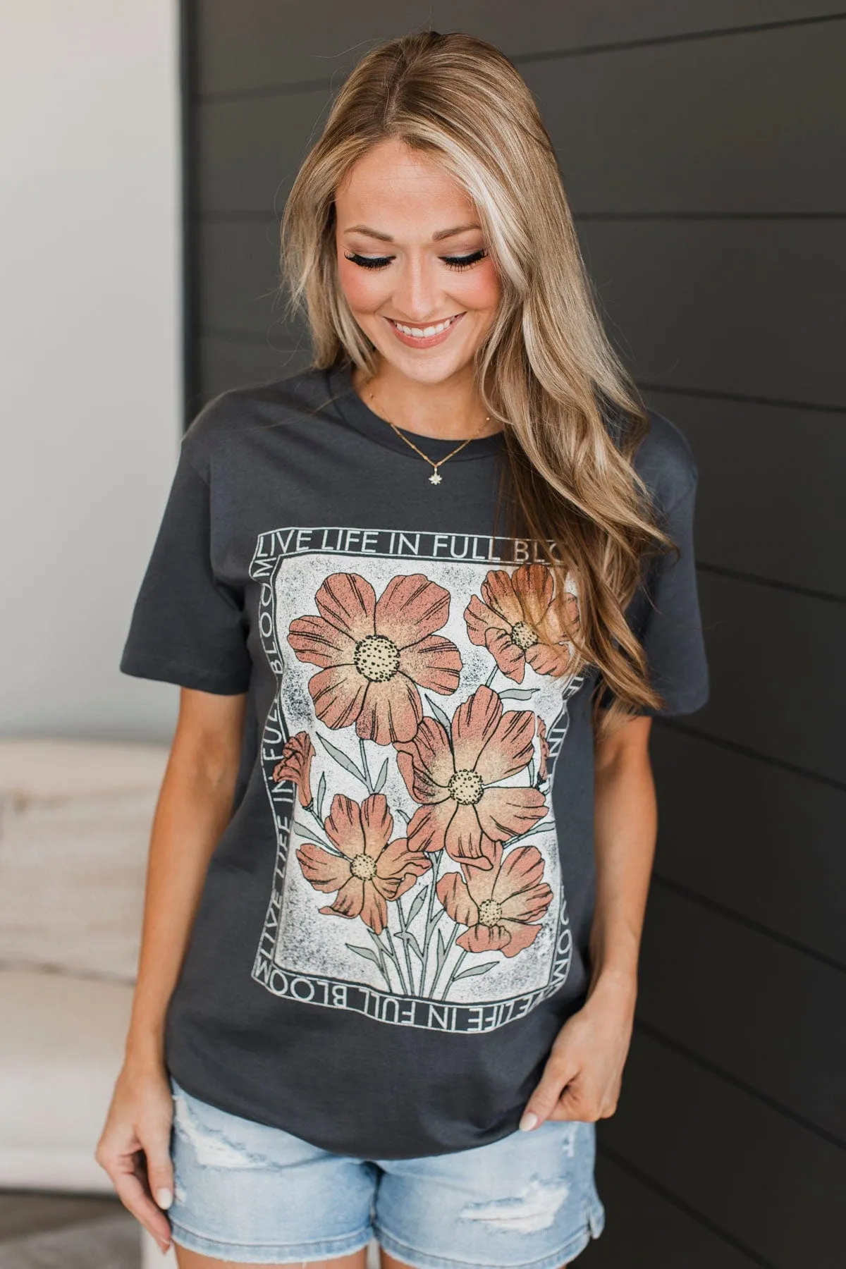 Live Life In Full Bloom Floral Graphic Tee- Charcoal