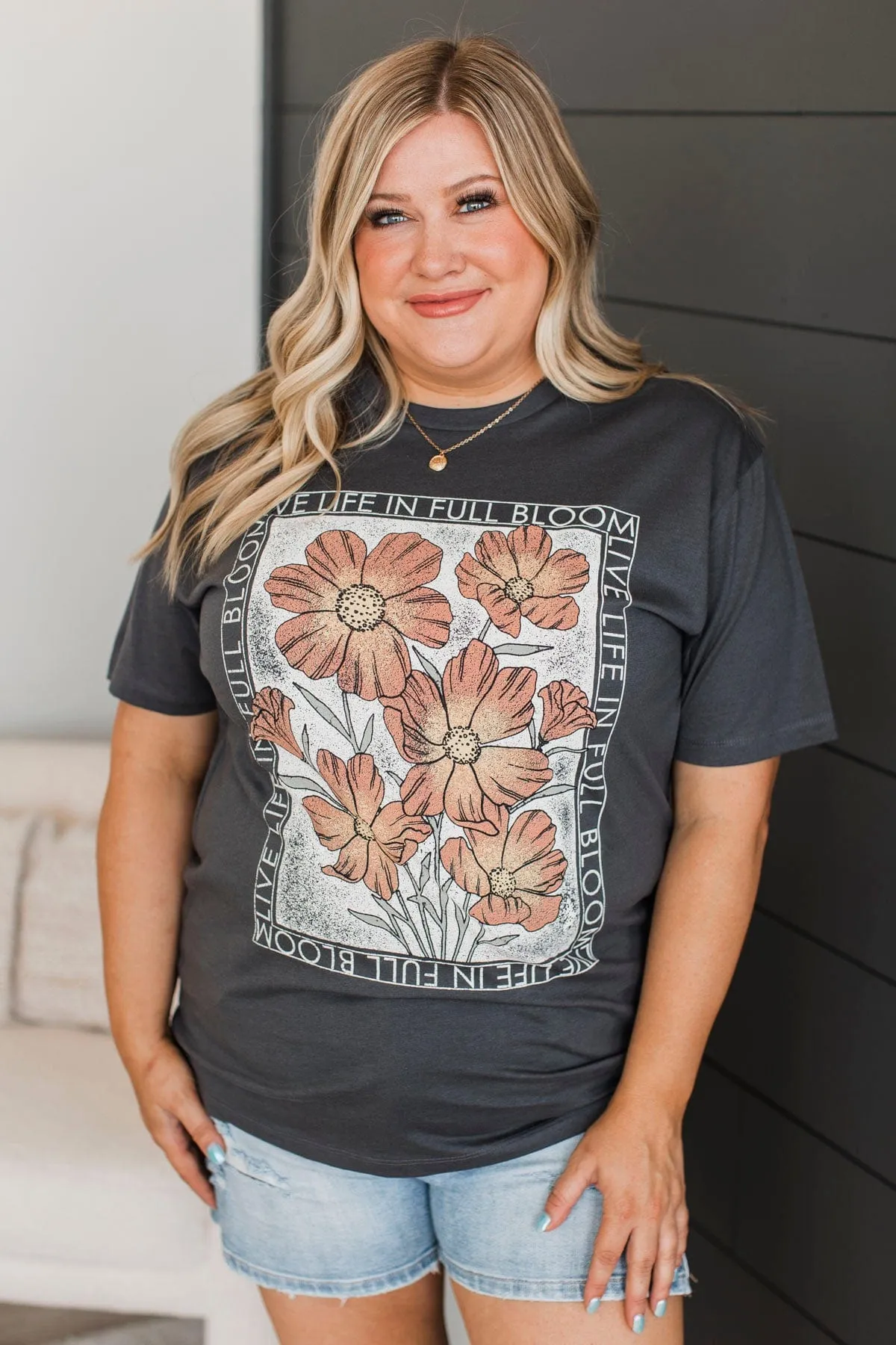 Live Life In Full Bloom Floral Graphic Tee- Charcoal