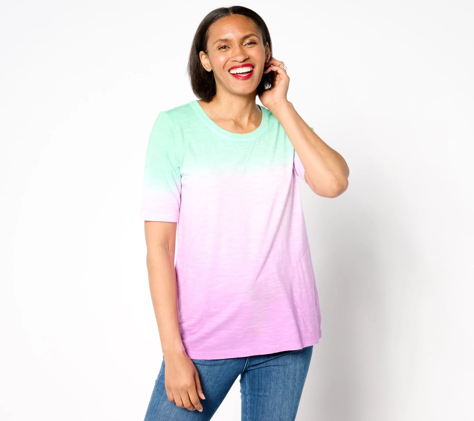 LOGO by Lori Goldstein Cotton Slub Elbow Sleeve Ombre Tee