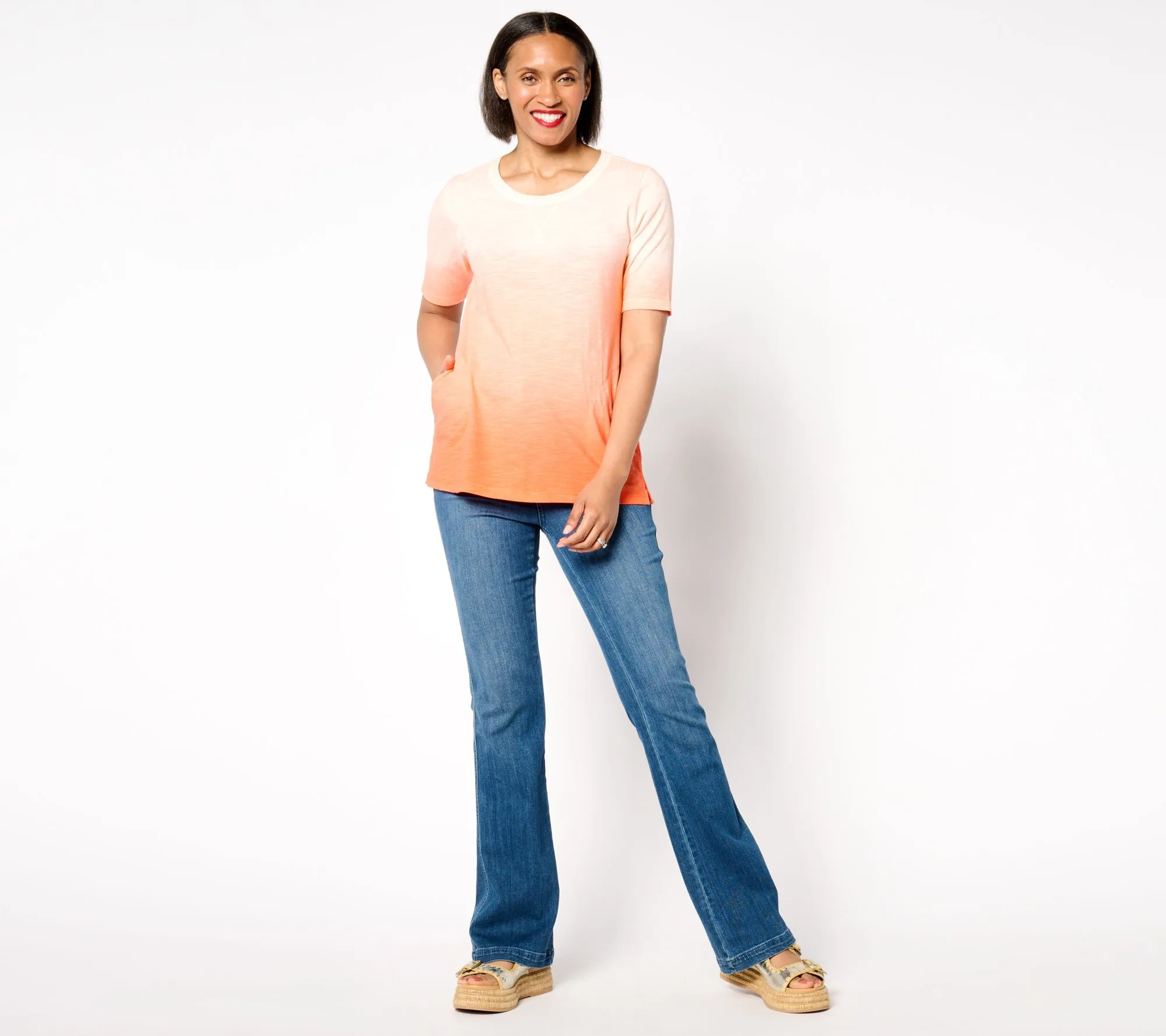 LOGO by Lori Goldstein Cotton Slub Elbow Sleeve Ombre Tee