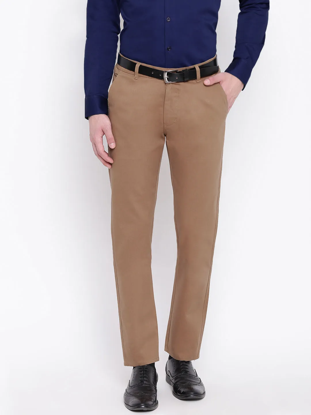 Men Beige Pure Cotton Solid Slim Fit Casual Trouser