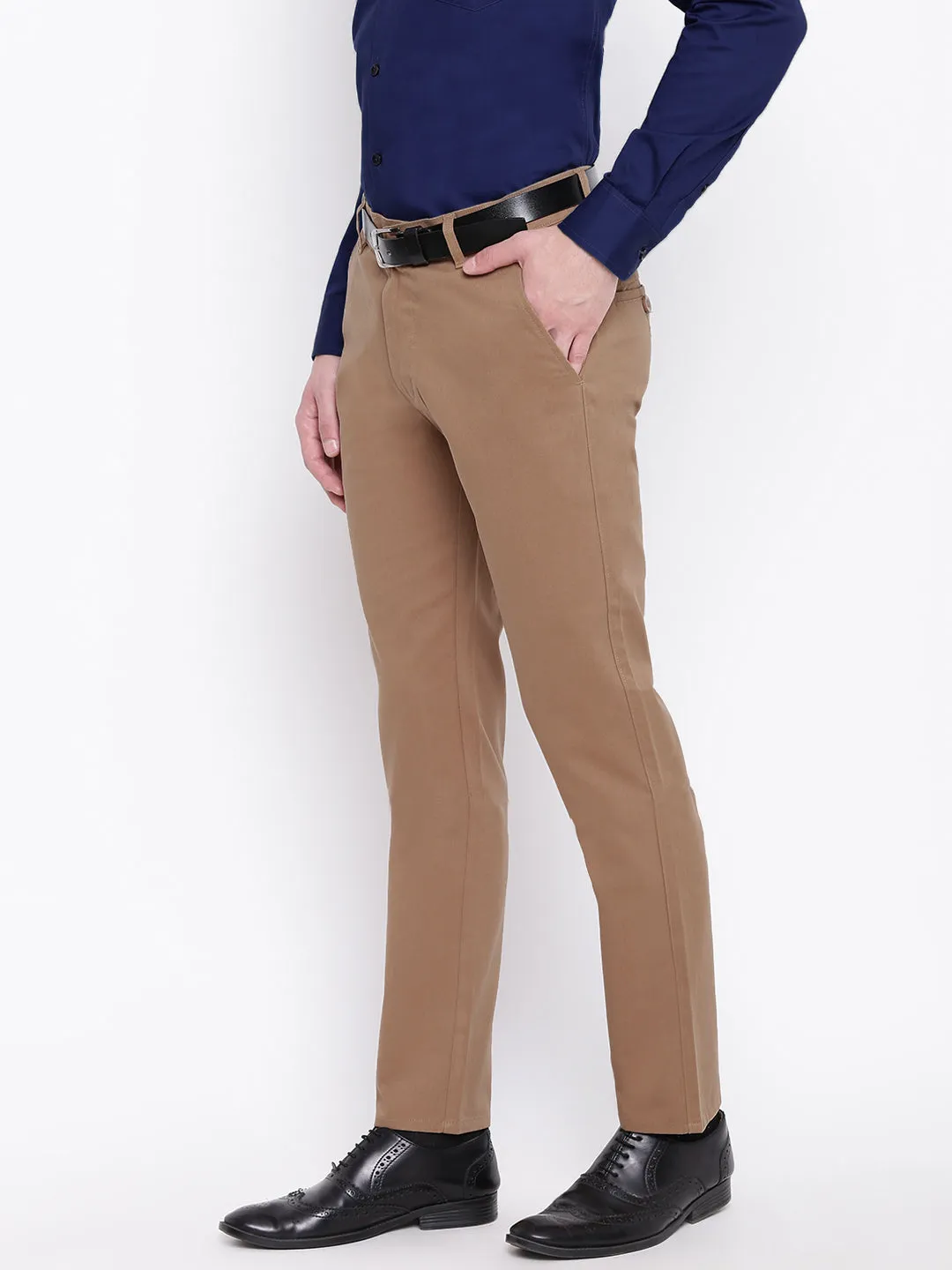 Men Beige Pure Cotton Solid Slim Fit Casual Trouser