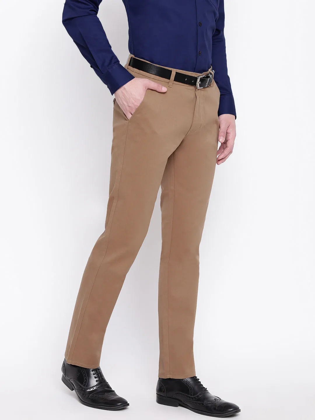 Men Beige Pure Cotton Solid Slim Fit Casual Trouser